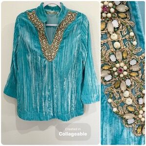 Soft Surroundings Beautiful Beaded Velvet Top V Neck Boho Preppy Casual Blue